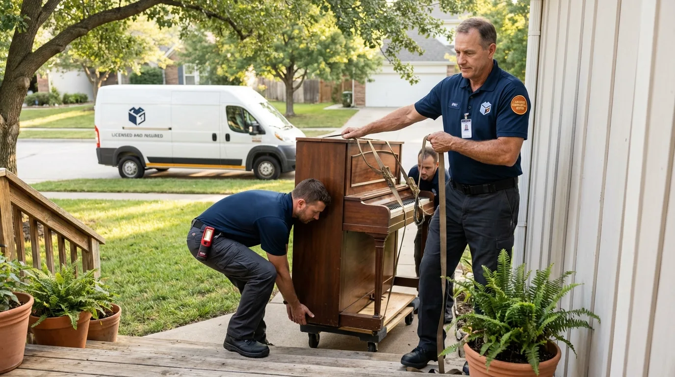 Licensed piano movers securing grand piano in Scappoose, OR