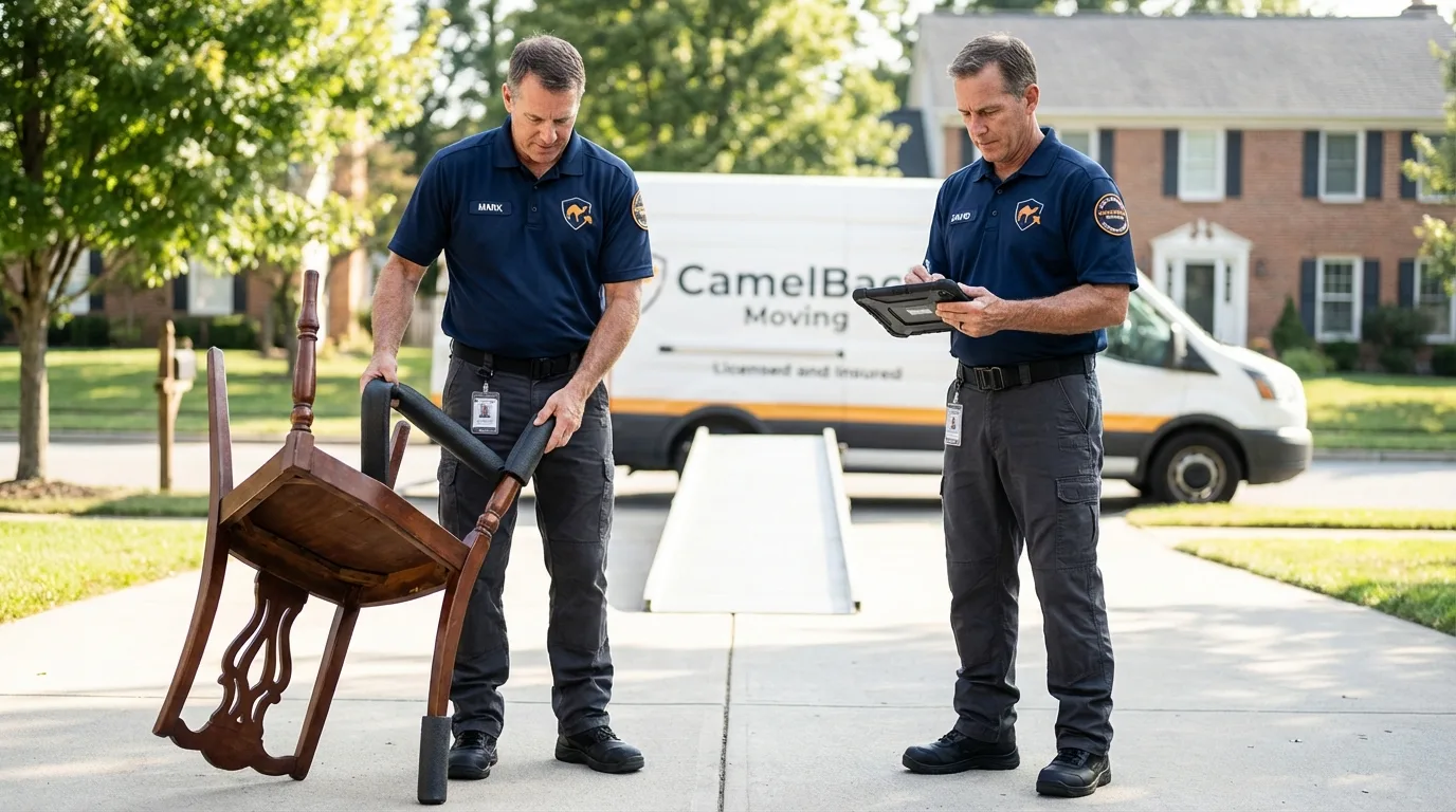 Movers inspecting furniture for damage prevention before loading in Scappoose, OR