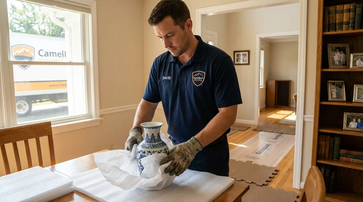 Professional crew carefully wrapping antique vase for senior downsizing move in Scappoose, OR